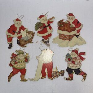 Vintage Set of 6 Merrimack Die Cut 2 Sided Santa Clause St Nick Ornaments 1986